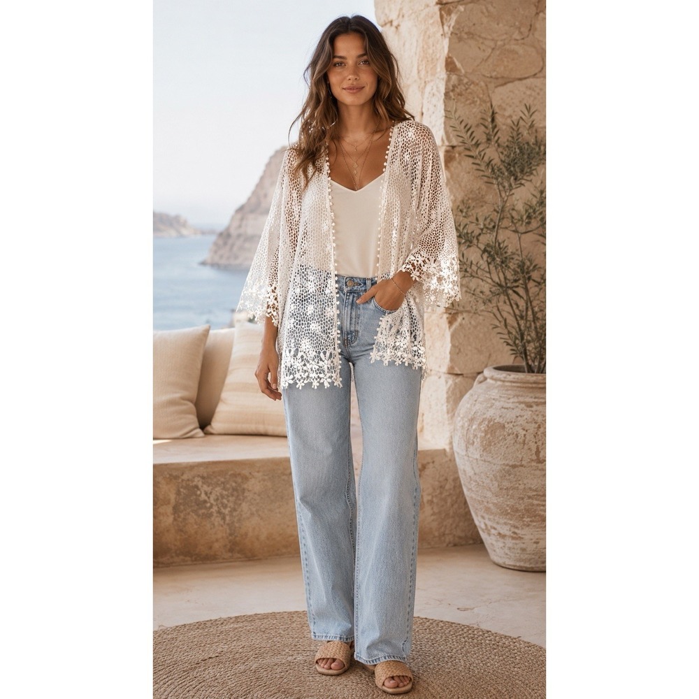 White Crochet Lace Kimono Cardigan Boho Open OS Front Floral Mesh Cover Up VV16